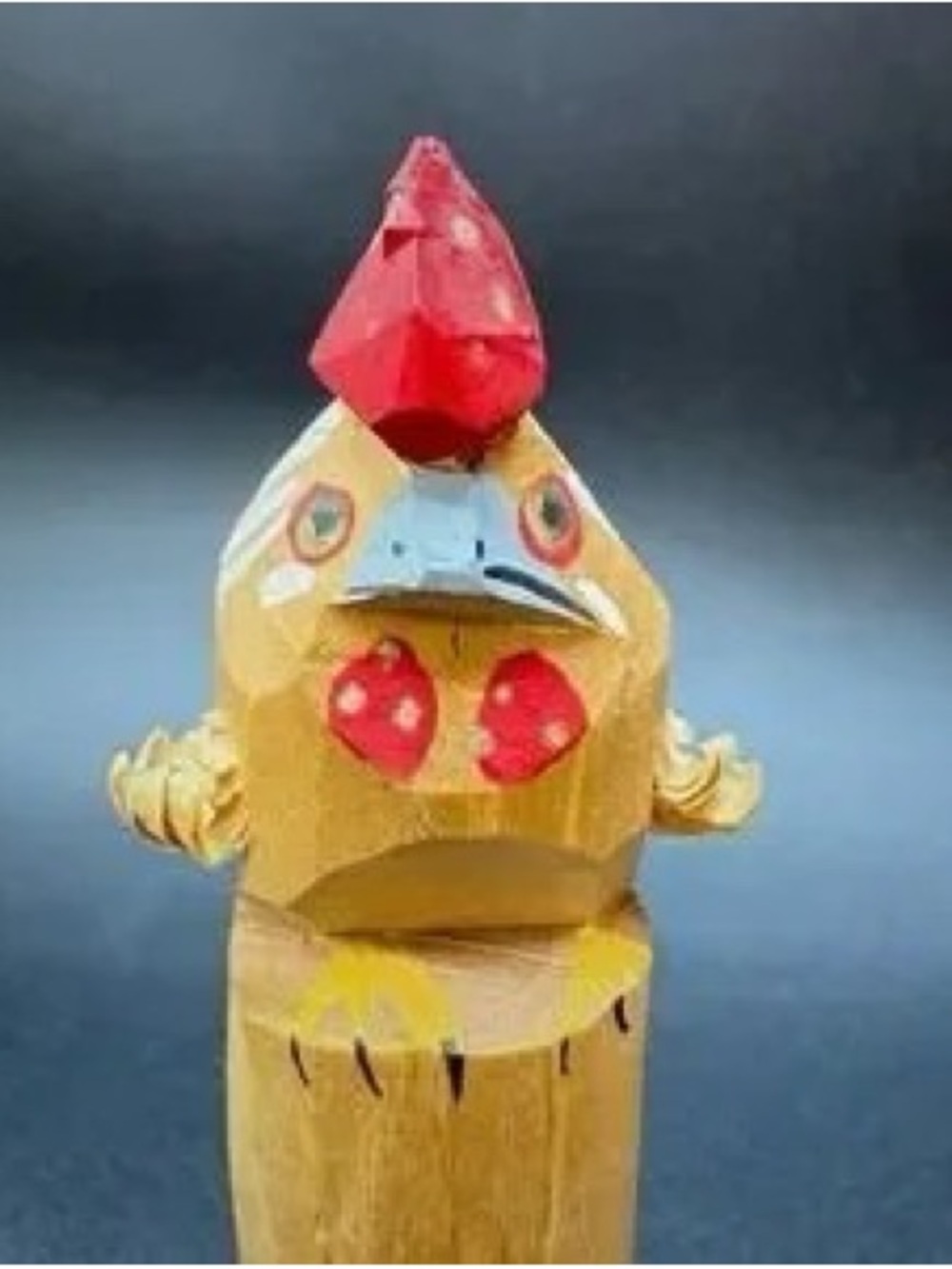 Hand-Carved Yellow & Red Wooden Chicken Figurine